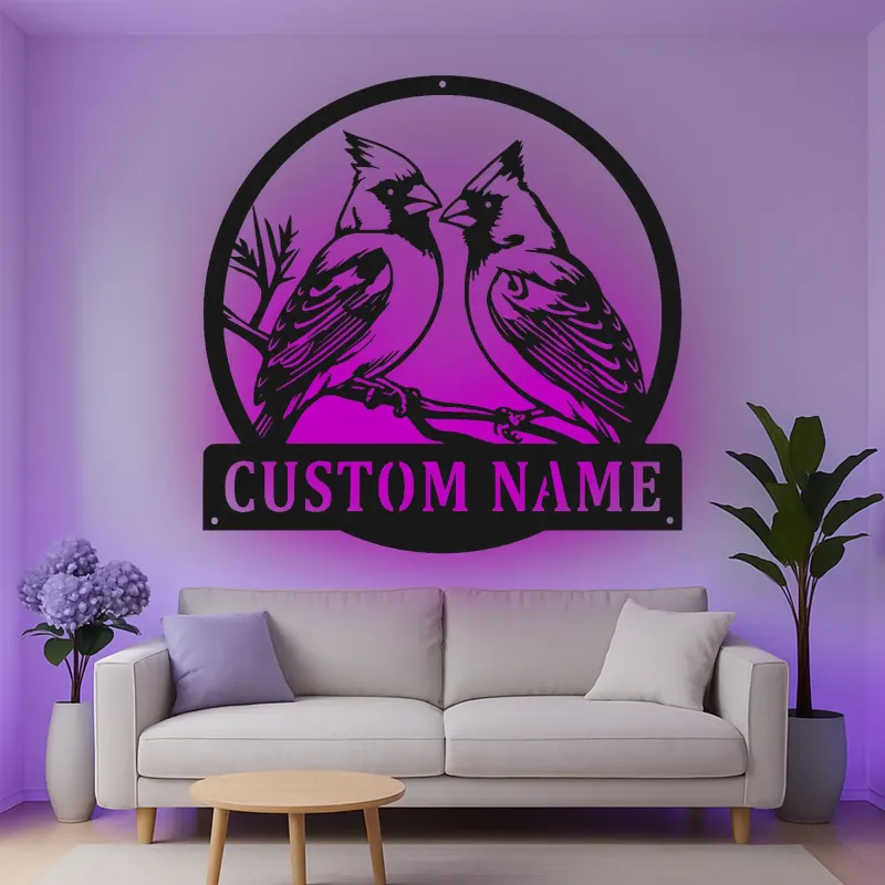 Insegna in metallo personalizzata con coppia di cardinali e luce LED - Regalo per amanti degli uccelli - Decorazione per soggiorno e natura 1