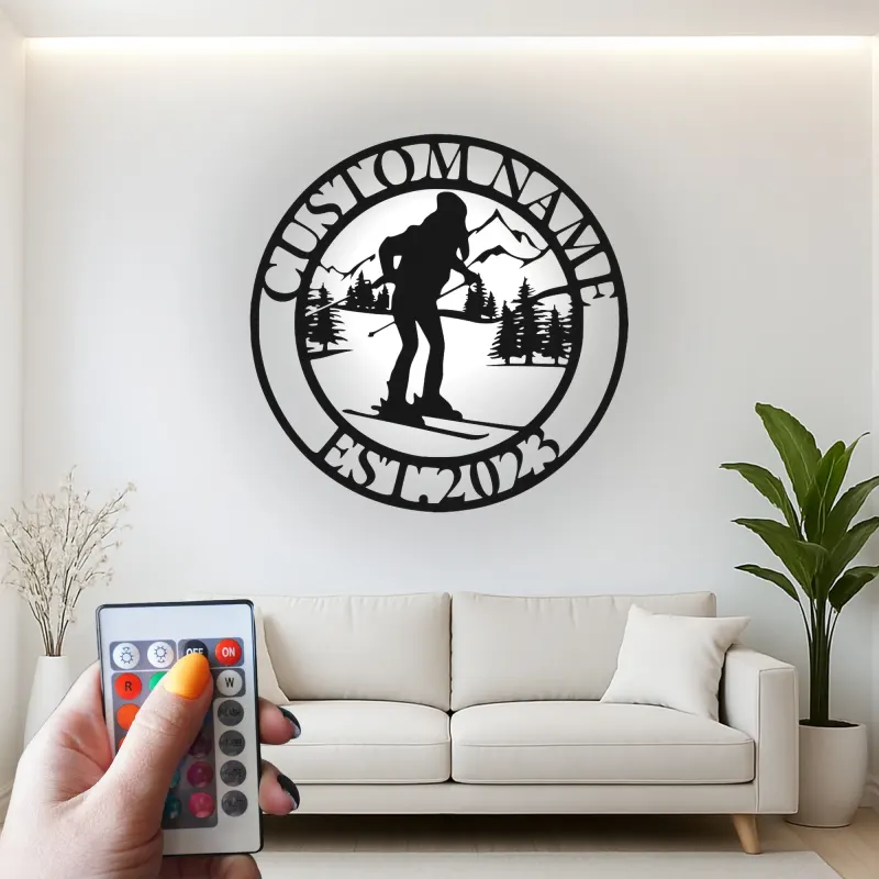 Custom Skier Metal Wall Art | Personalized LED Ski Lodge Sign | Mountain Silhouette Decor | Winter Sports Gift