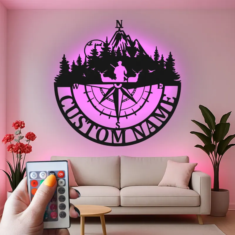 Cartel de metal personalizado de brújula de cazador | Decoración mural LED para cabaña | Regalo con nombre a medida para amantes del aire libre