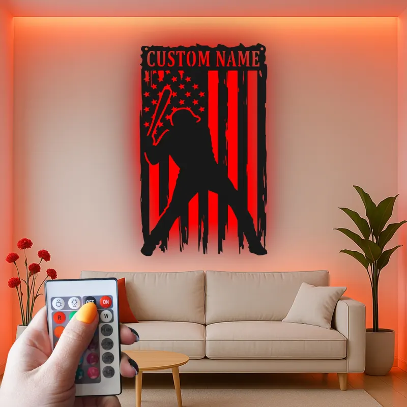 Décoration murale en métal personnalisée joueur de baseball avec rétroéclairage LED