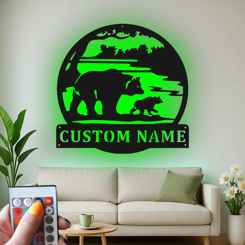 Cartel de metal LED Familia de Osos personalizado Regalo de naturaleza para familias Decoración de cabaña o sala