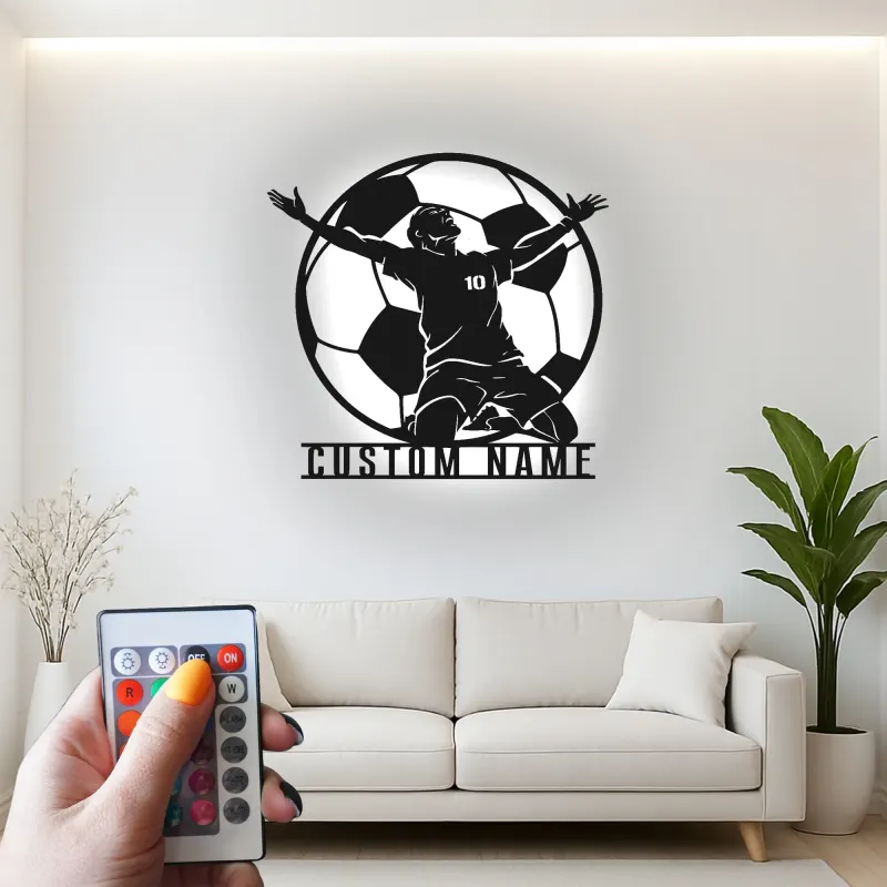 Panneau LED Personnalisé Joueur de Football | Décoration Murale en Métal Personnalisée | Décor de Salle de Jeux pour Athlète | Cadeau Fan de Football