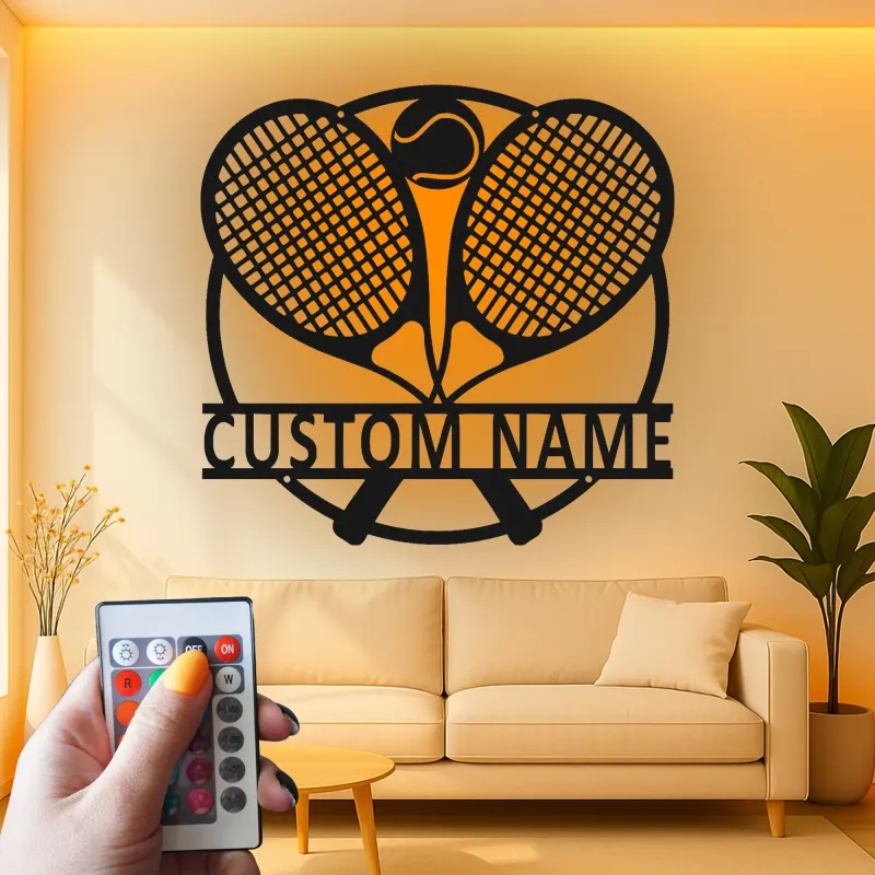 Cartel de metal LED de raquetas de tenis personalizado, regalo para amantes del tenis, decoración de sala de juegos