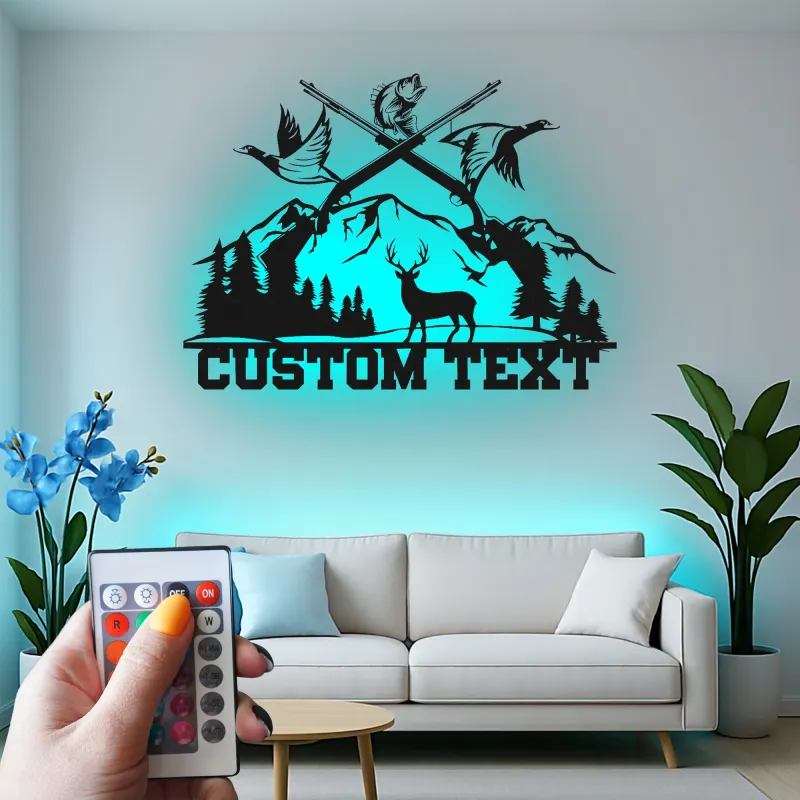 Custom Hunting Scene Metal Wall Art | Personalized LED Sign with Deer & Ducks | Rustic Cabin Decor Gift for Hunter