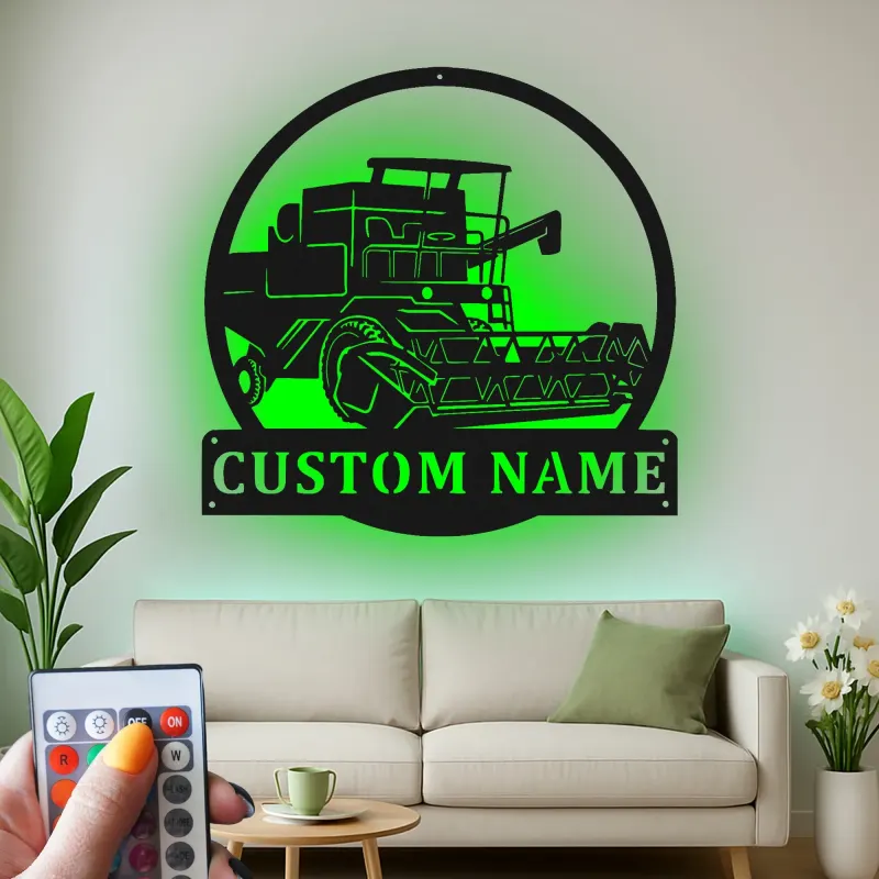 Cartel de metal LED personalizado de cosechadora de cereales Regalo para agricultores Decoración rústica de granja
