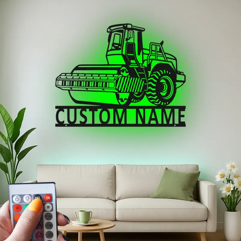 Arte mural de metal de rodillo de carretera | Cartel LED de construcción personalizado | Decoración de maquinaria pesada personalizada para regalo de contratista