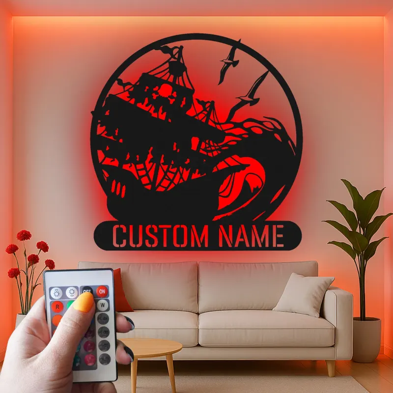 Décoration Murale en Métal de Navire Pirate | Plaque de Nom LED Personnalisée | Décor Nautique Vague Océan pour Bar à Domicile