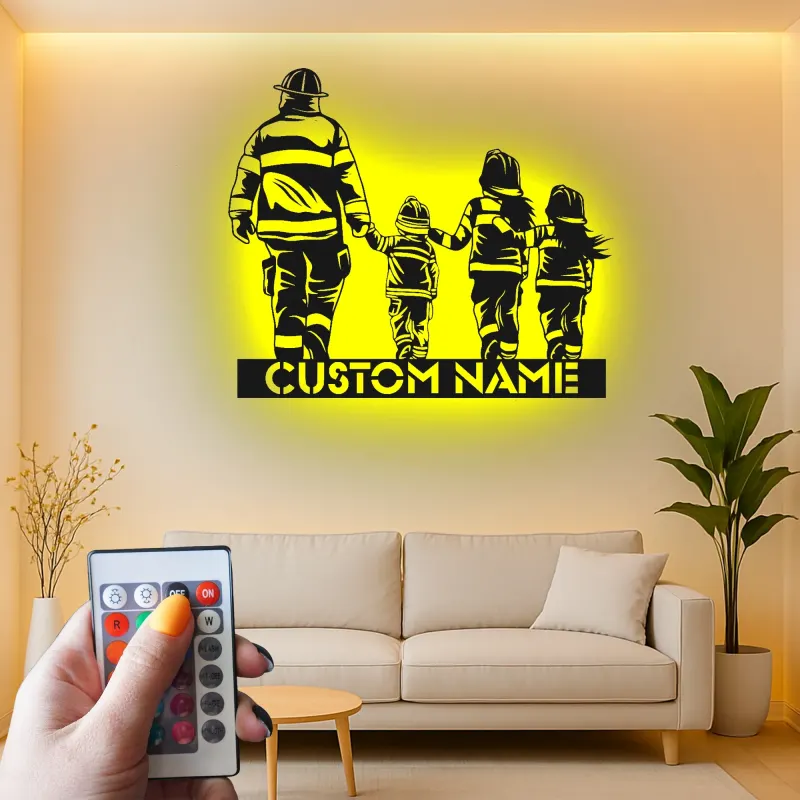Insegna personalizzata per famiglia di vigili del fuoco | Arte murale LED in metallo | Regalo su misura per papà pompiere | Arredo per caserma