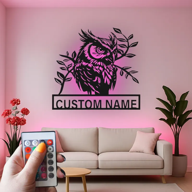 Arte murale LED in metallo con gufo reale | Insegna personalizzata con nome per amanti della natura | Decorazione realistica con silhouette di uccello selvatico