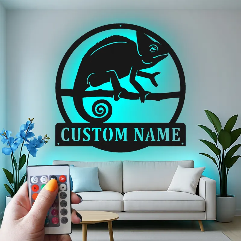 Cartel de metal LED personalizado de camaleón, regalo único para amantes de los reptiles, decoración de dormitorio o salón 1