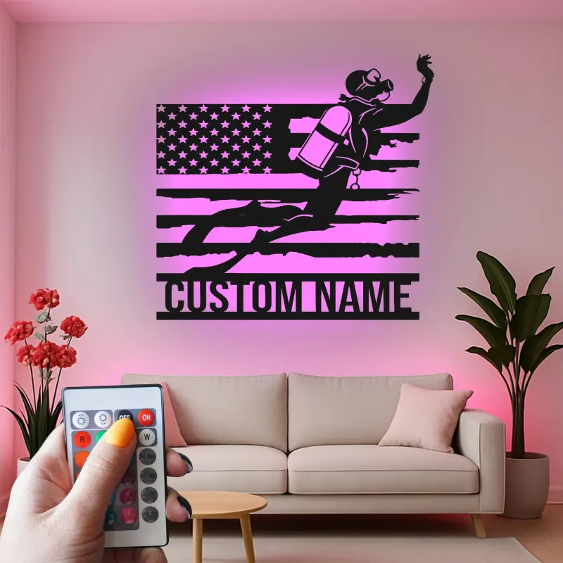 Scuba Diver American Flag LED Art | Personalized Metal Wall Decor | Custom Name Sign for Divers | Nautical Gift