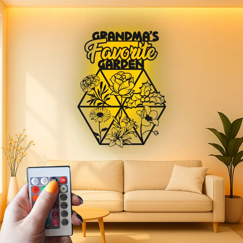 Omas Garten LED-Schild | Personalisiertes Metall-Wandkunst mit Blumenmotiv | Geschenk zum Muttertag