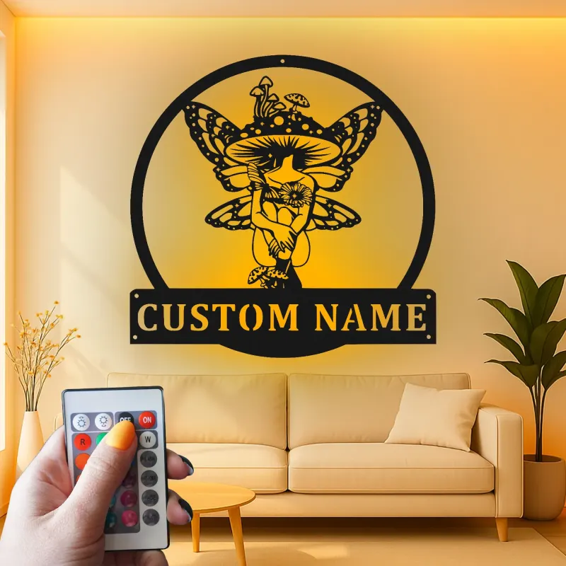 Cartel de nombre de hada personalizado | Arte mural de metal LED | Decoración de setas místicas para dormitorio | Regalo personalizado para amantes de hadas