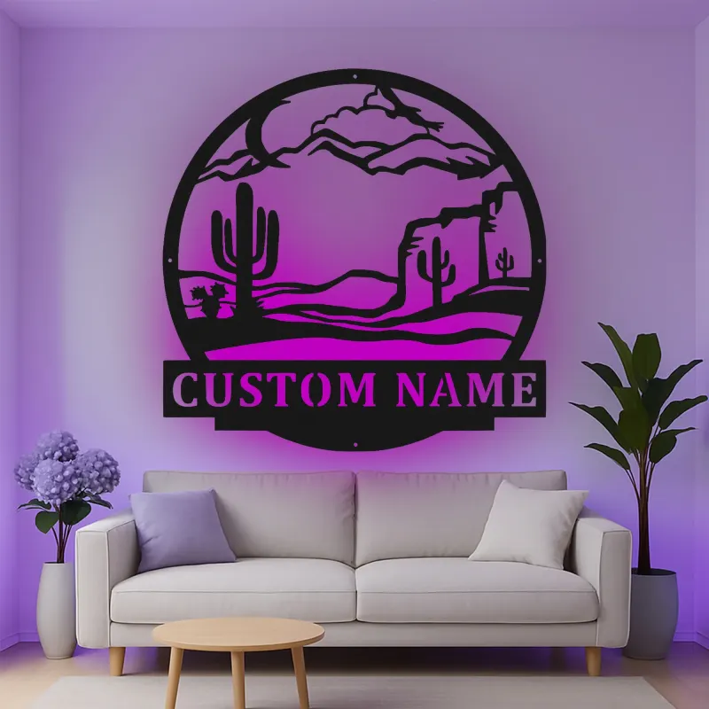 Custom Desert Landscape Led Light Metal Wall Art Personalized Gift for Nature Lovers Living Room or Patio Decor