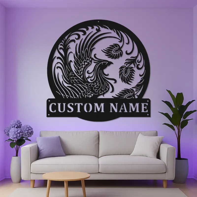 Panneau en métal personnalisé Phoenix Rising | Art mural rétroéclairé pour bureau et studio | Logo mythique Firebird personnalisé
