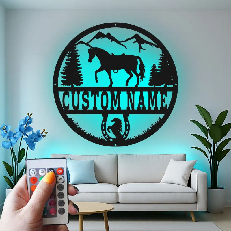 Panneau personnalisé avec nom de cheval | Décoration murale en métal LED pour ranch et maison | Cadeau équestre sur mesure