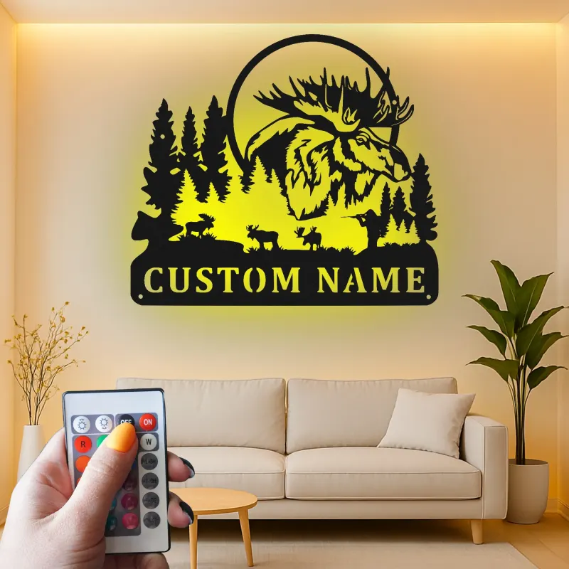 Cartel de metal de alce personalizado | Decoración mural LED de fauna | Decoración rústica para cabaña y lodge de caza