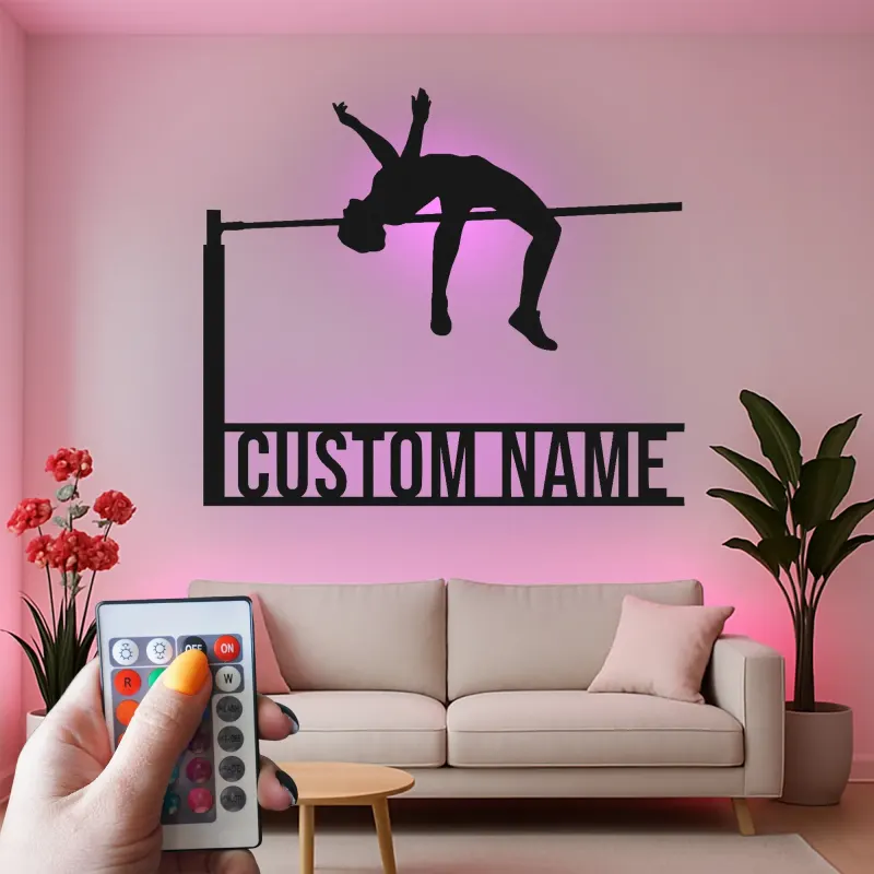 Personalisierte Hochsprung Metall-Wandkunst | Individuelles LED-Schild für Athleten | Geschenk für Leichtathletik-Dekor