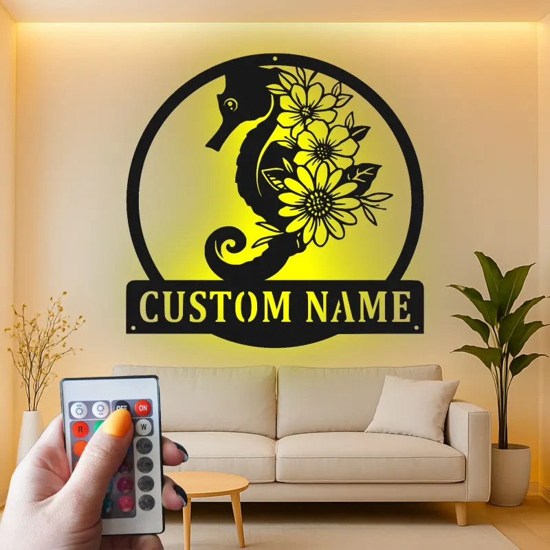 Insegna Personalizzata con Cavalluccio Marino | Insegna in Metallo LED | Decorazione Costiera per Casa al Mare | Regalo per Amante del Mare