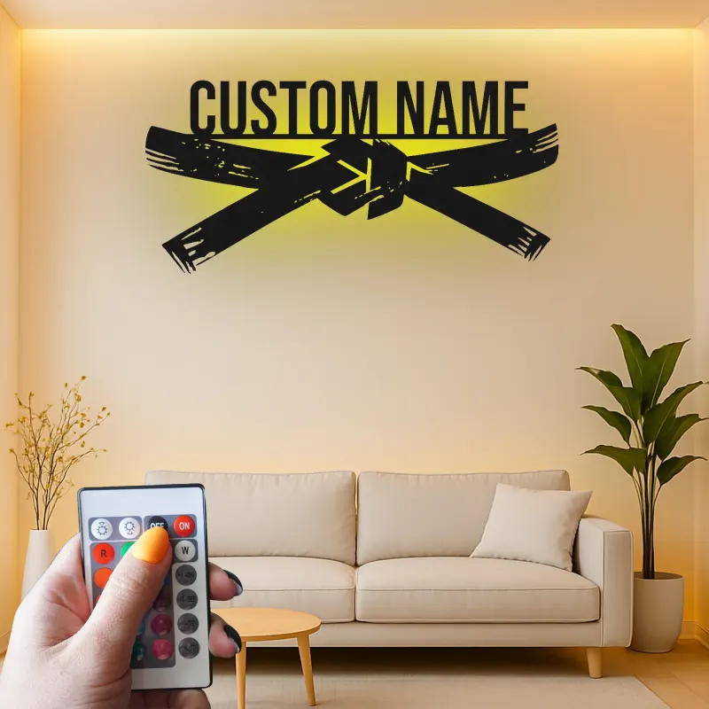 Décoration murale LED d'arts martiaux | Panneau en métal ceinture noire personnalisé pour décor de dojo et studio | Cadeau pour instructeur de Karate