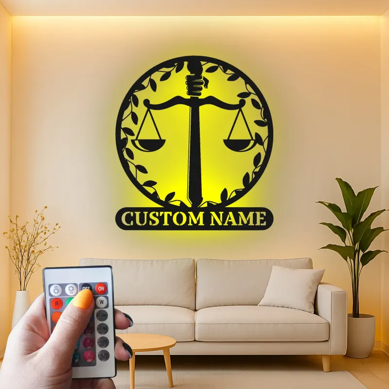 Panneau balance de la justice pour avocat | Décoration murale en métal LED personnalisée | Décor sur mesure pour cabinet d’avocat | Cadeau pour avocat