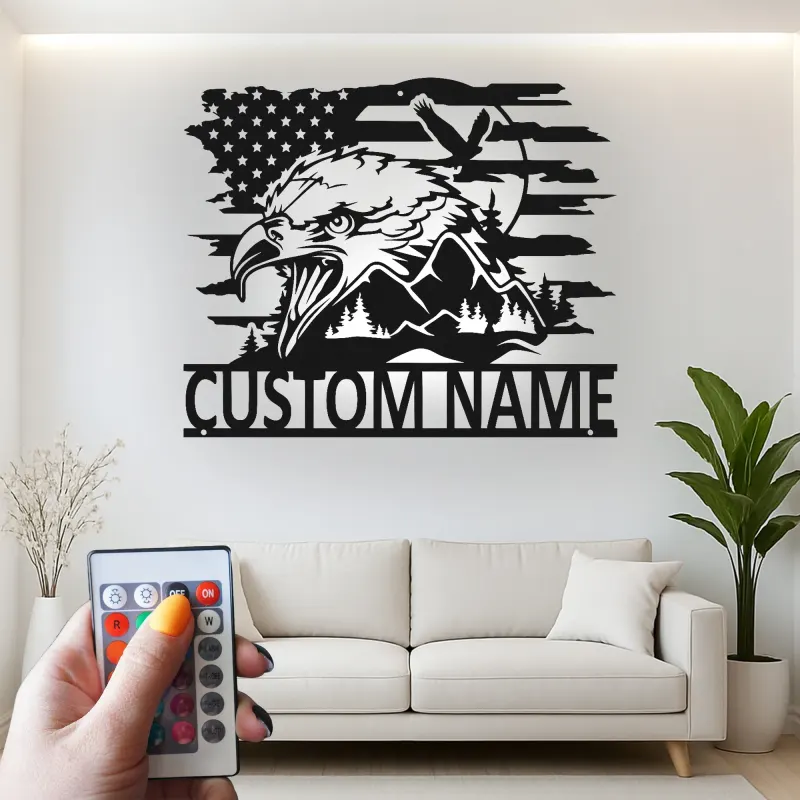 Insegna in metallo LED personalizzata con aquila e bandiera americana - Regalo patriottico per veterani, decorazione per man cave o ufficio