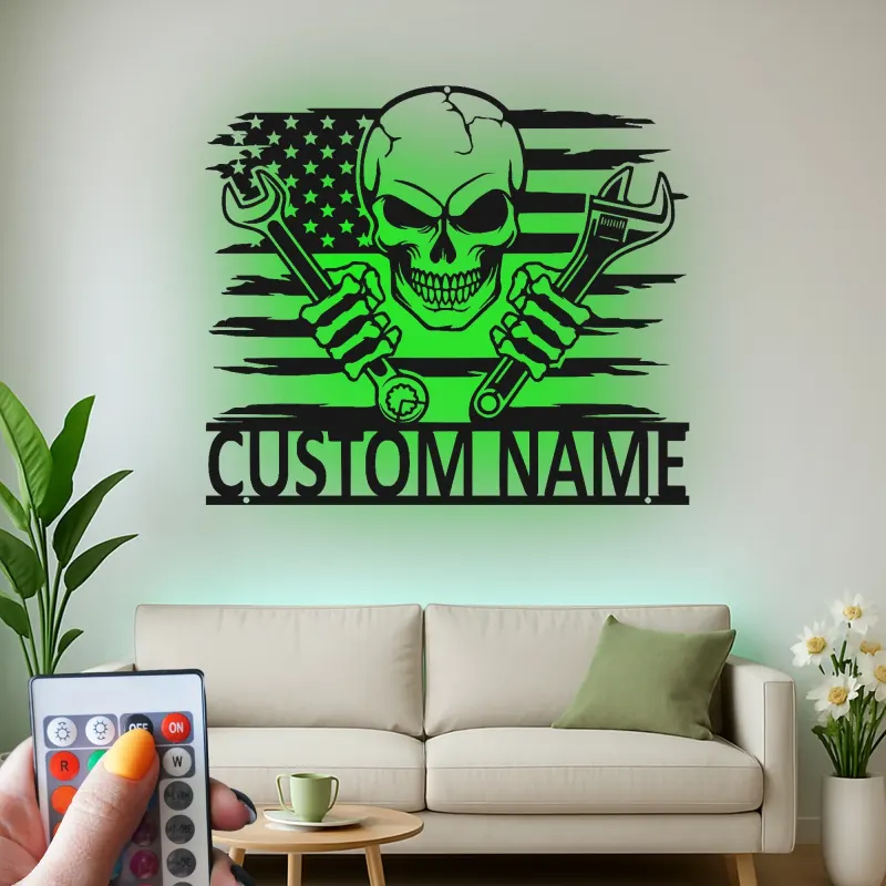 Art mural en métal LED avec crâne patriote | Panneau de garage mécanicien personnalisé | Décoration de man cave pour lui