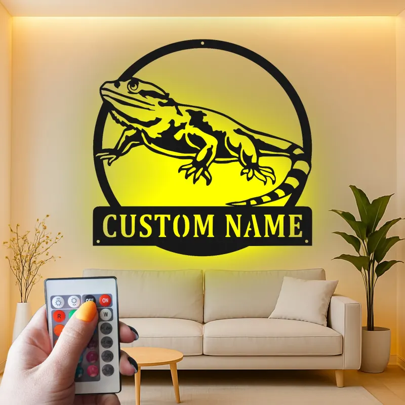 Cartel de metal personalizado con luz LED de dragón barbudo Regalo para amantes de reptiles Decoración de dormitorio o salón 3