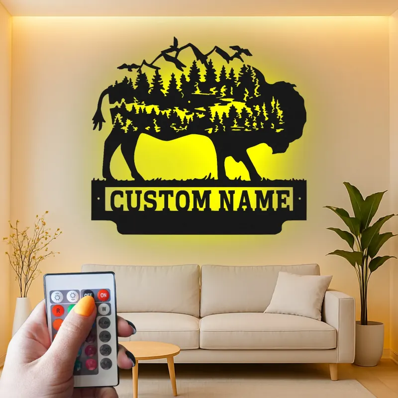 Insegna in metallo LED personalizzata con bufalo e wilderness - Regalo per amanti della natura, decorazione per cabin rustica