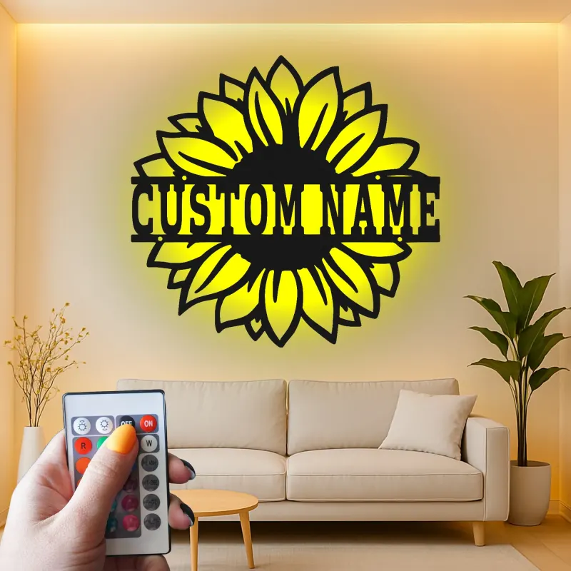 Cartel de metal personalizado con girasol | Arte mural floral retroiluminado por LED | Decoración personalizada para mamá | Pieza de acento rústica para el dormitorio