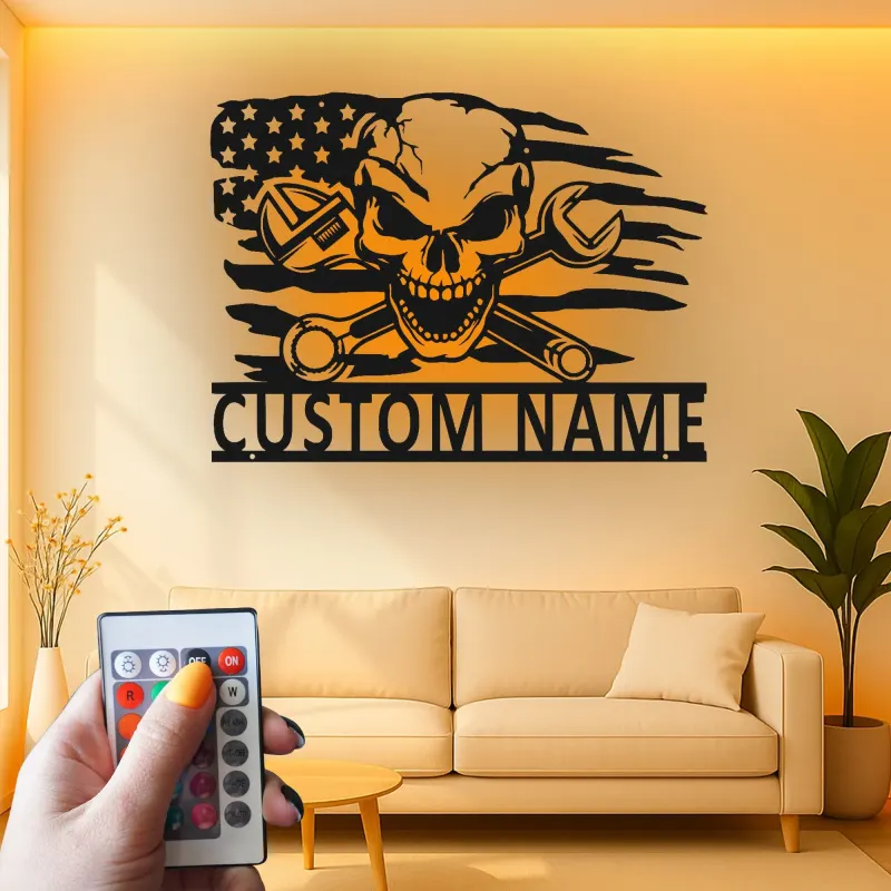 Panneau de garage mécanicien personnalisé | Art mural en métal crâne avec LED | Décor de cave à vin avec drapeau américain | Cadeau pour lui