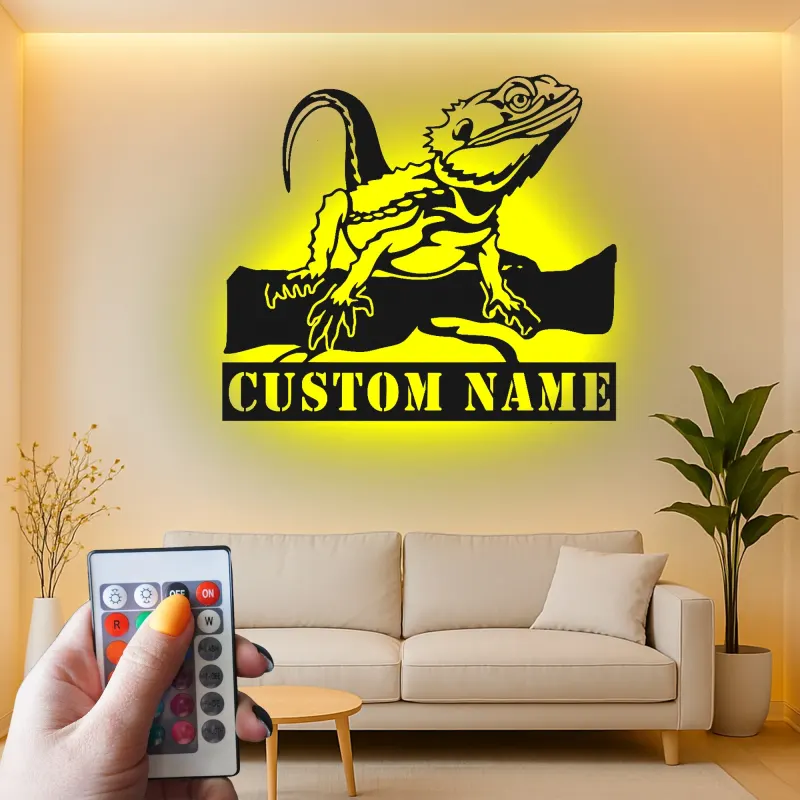 Insegna in metallo personalizzata con drago barbuto e luce LED regalo per amanti dei rettili decorazione per camera da letto o soggiorno