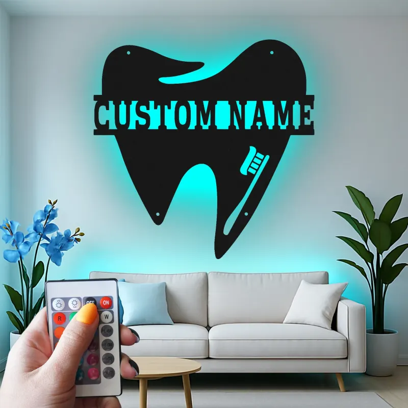 Insegna in metallo LED personalizzata a forma di dente decorazione ufficio dentistico regalo insegna per clinica dentale