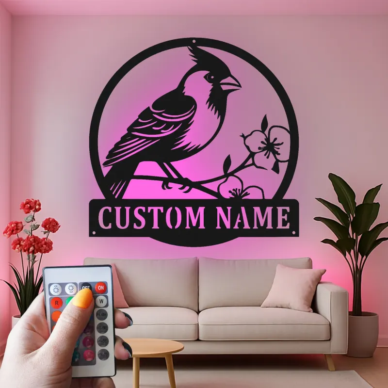 Décoration murale en métal personnalisée avec lumière LED en forme de cardinal - Cadeau pour amoureux de la nature - Décor de salon ou de jardin