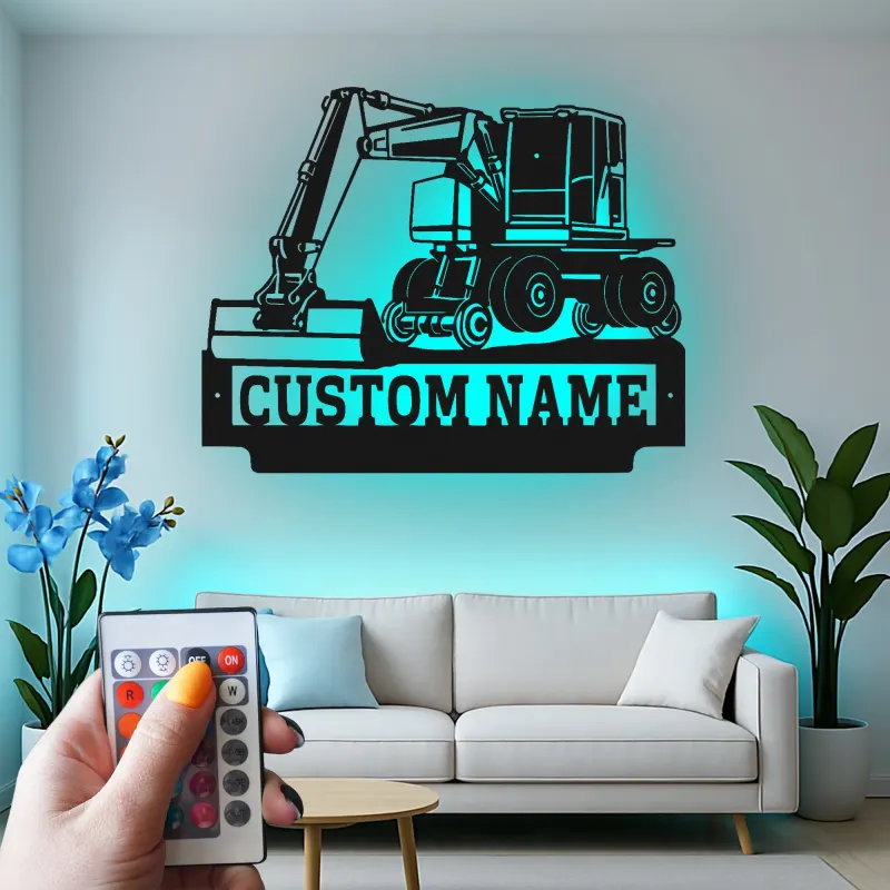 Personalisierte LED-Metall-Wandkunst mit Bagger-Motiv – Geschenk für Bauprofis, Garage oder Werkstatt 3