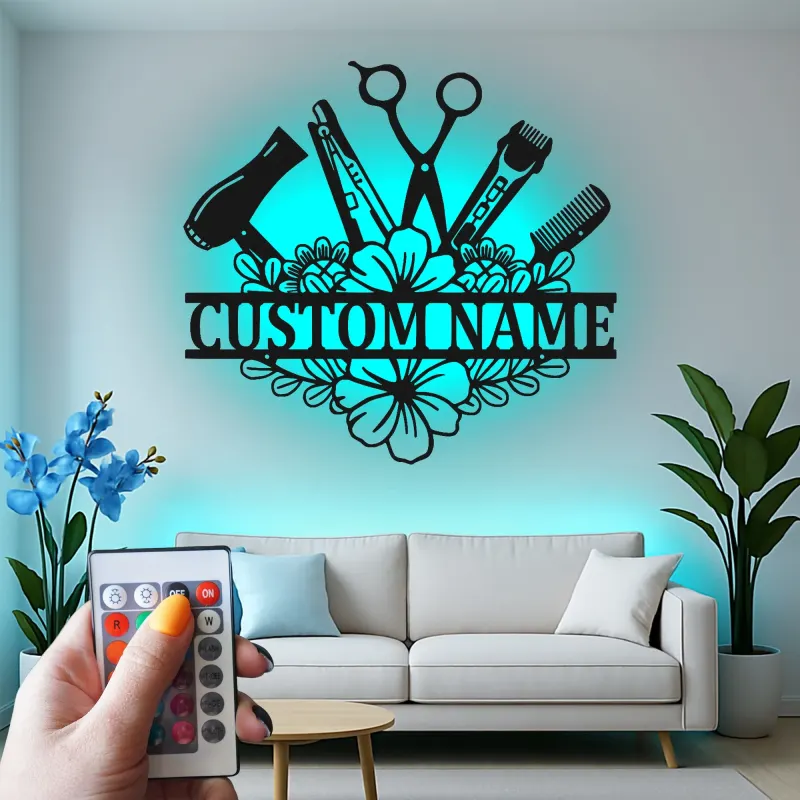 Insegna personalizzata per hairstylist | Decorazione murale LED in metallo su misura per salone | Regalo per parrucchiere e targhetta per beauty studio