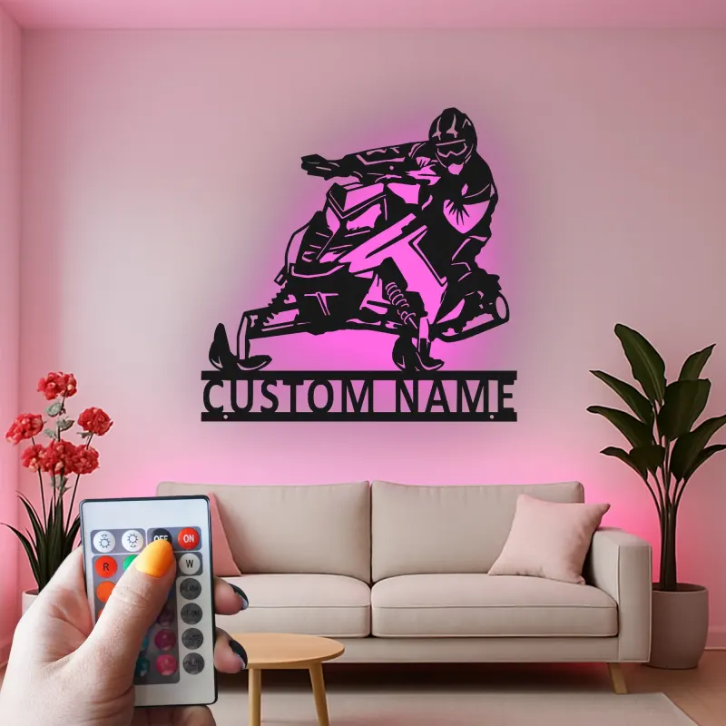 Arte da Parete in Metallo LED per Motoslitta Personalizzata | Insegna con Nome per Piloti per Man Cave | Regalo Decorativo per Sport Invernali