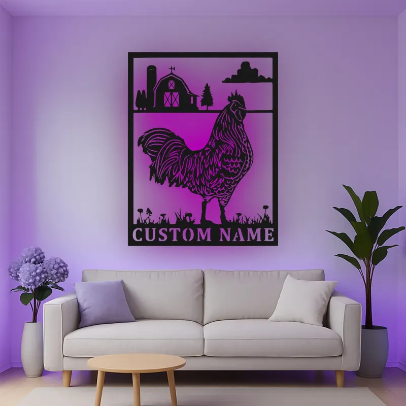 Décoration murale en métal personnalisée avec lumière LED de poulet fermier