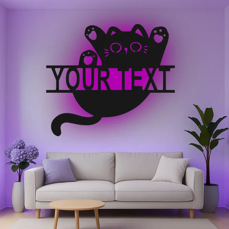 Insegna in metallo personalizzata con silhouette di gatto e luce LED regalo per amanti dei gatti decorazione per camera da letto o soggiorno 3
