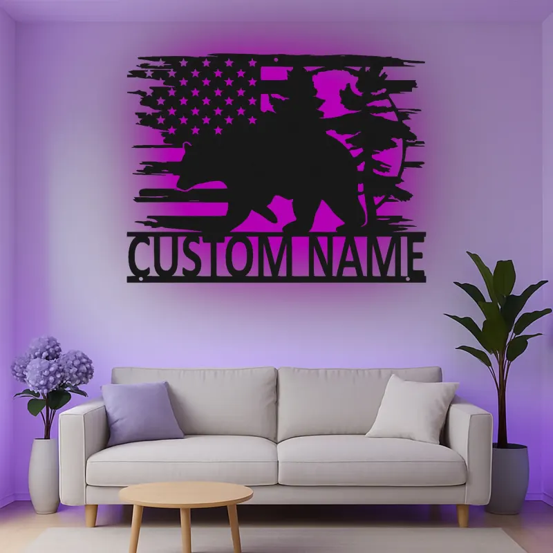 Custom Bear and American Flag Led Light Metal Wall Art Personalized Gift for Nature Lovers Rustic Cabin Decor