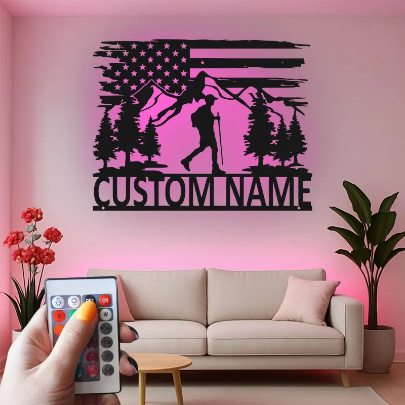Arte mural de metal personalizado para senderismo | Letrero LED con senderista y bandera de EE. UU. | Regalo para amantes del aire libre