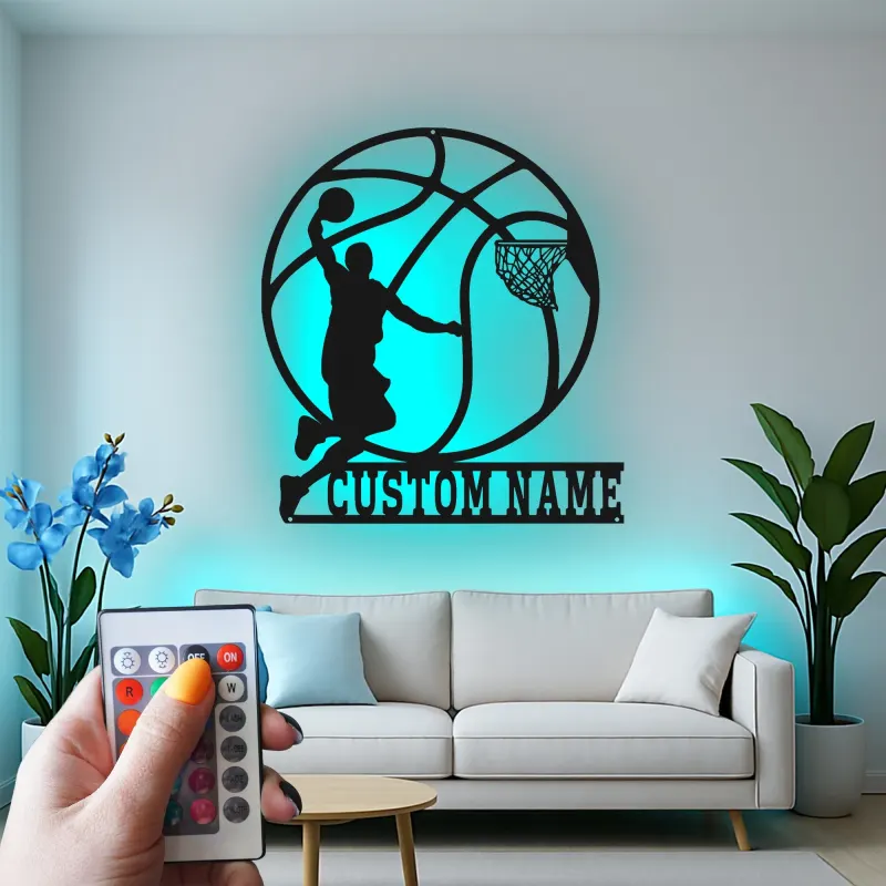 Custom Basketball Player Led Light Metal Wall Art Personalized Sports Gift for Athletes Game Room Decor 1