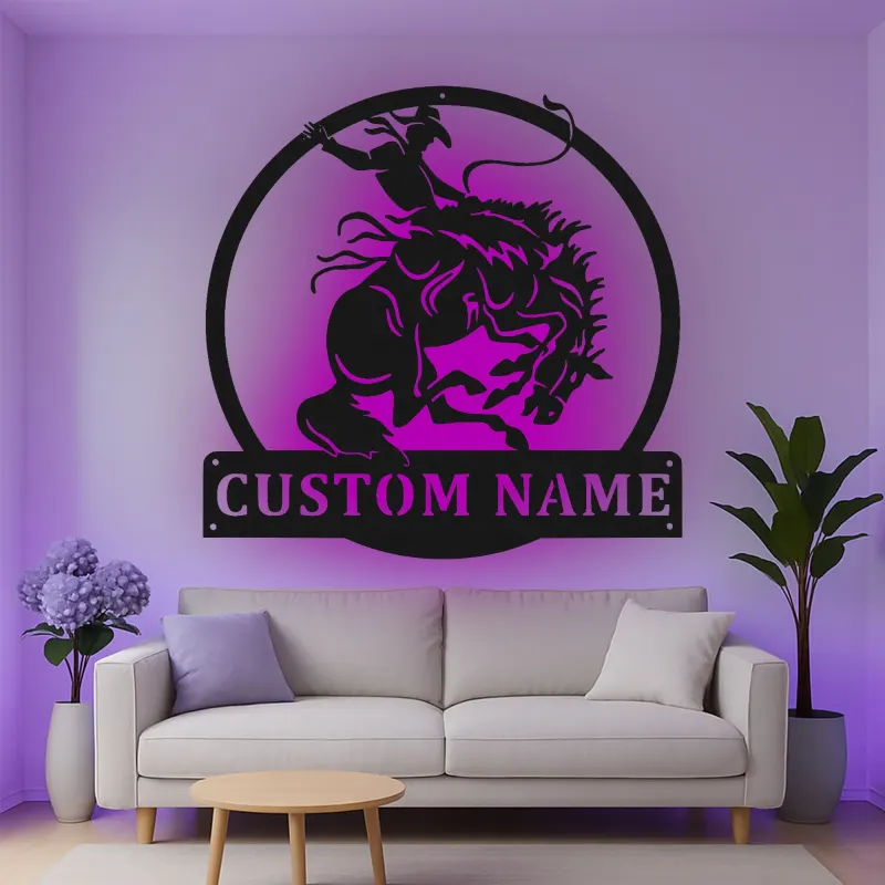 Custom Rodeo Cowboy Led Light Metal Wall Art Western Gift for Him Man Cave Rustic Decor