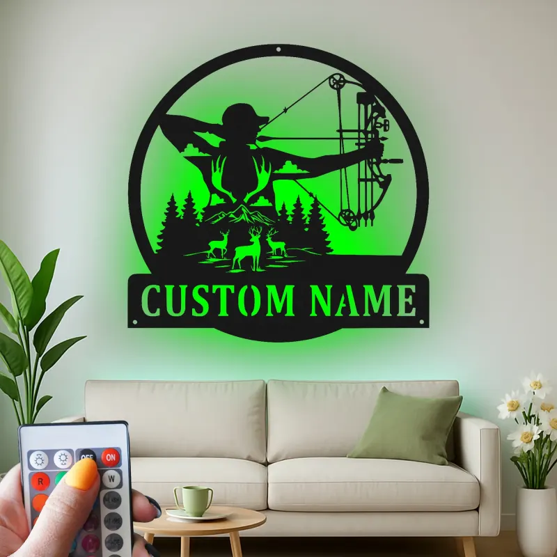 Insegna in metallo personalizzata con LED per cacciatori di archi, regalo personalizzato per arcieri, decorazione per cabin rustica