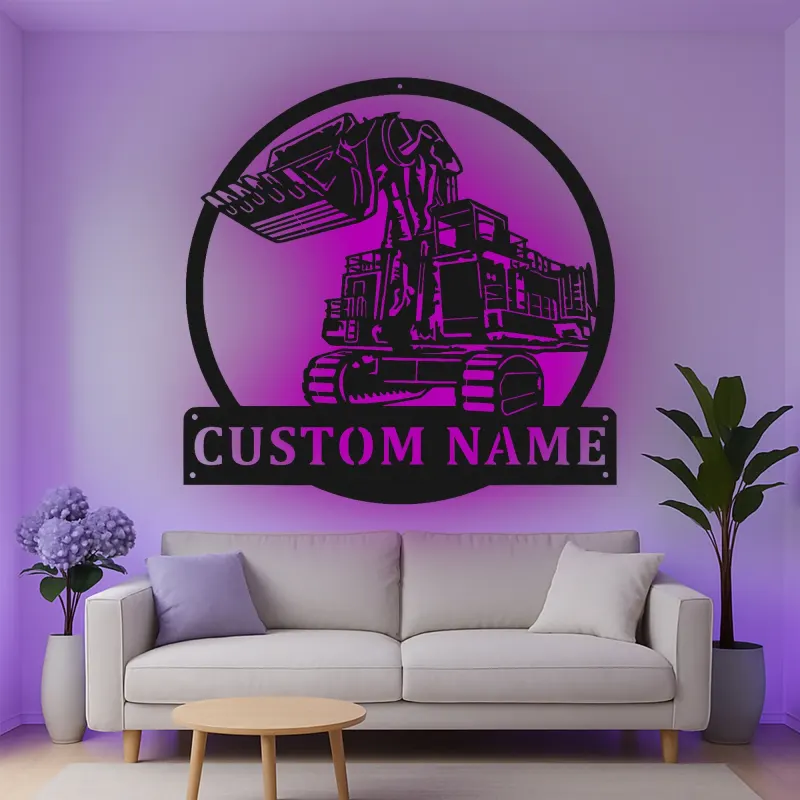 Décoration murale en métal LED personnalisée pour excavateur - Cadeau pour passionnés de construction, décoration de garage ou de bureau