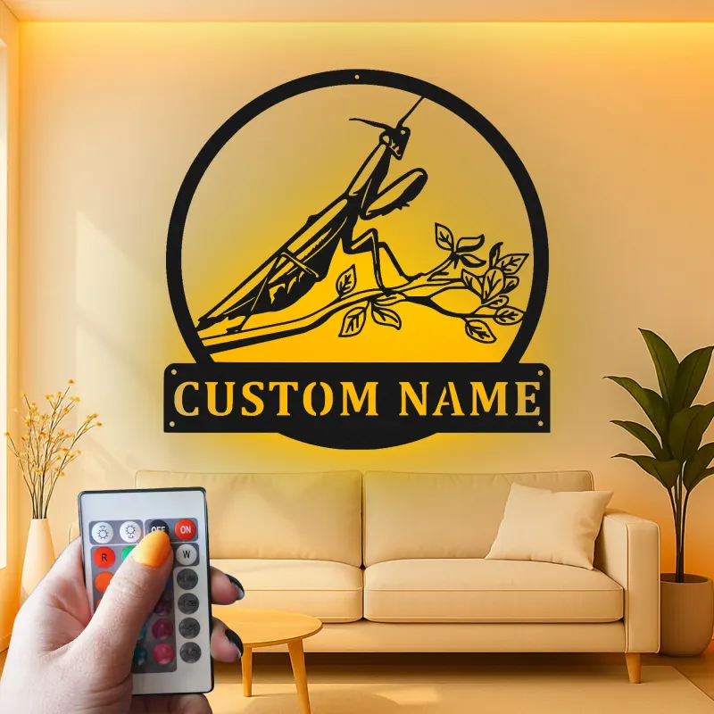 Praying Mantis LED Metal Art | Custom Name Sign for Garden Lovers | Realistic Insect Wall Decor