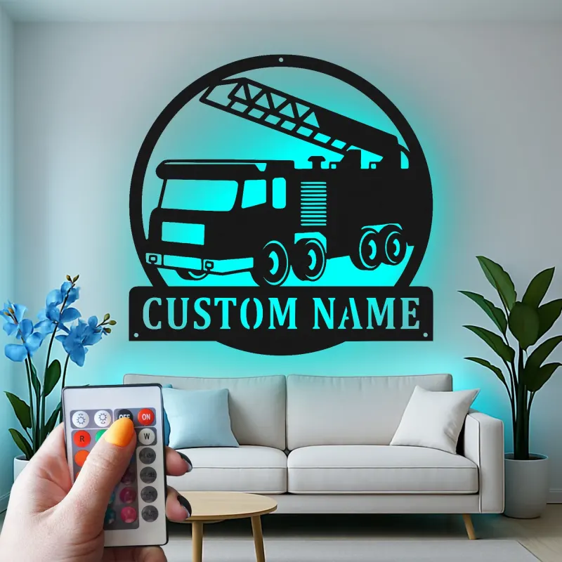 Custom Fire Truck Metal Sign | Personalized LED Name Plaque | Firefighter Gift for Kids Room & Fire Station Decor | Hand-Crafted Wall Art