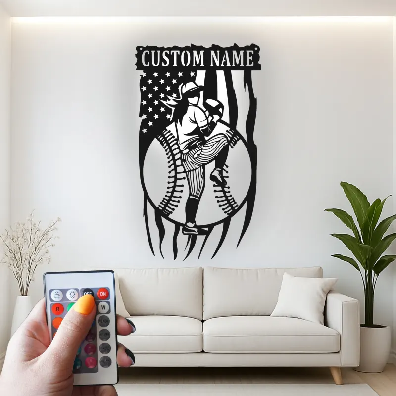 Décoration murale en métal personnalisée avec rétroéclairage LED pour lanceur de baseball - Cadeau sportif pour les fans de baseball
