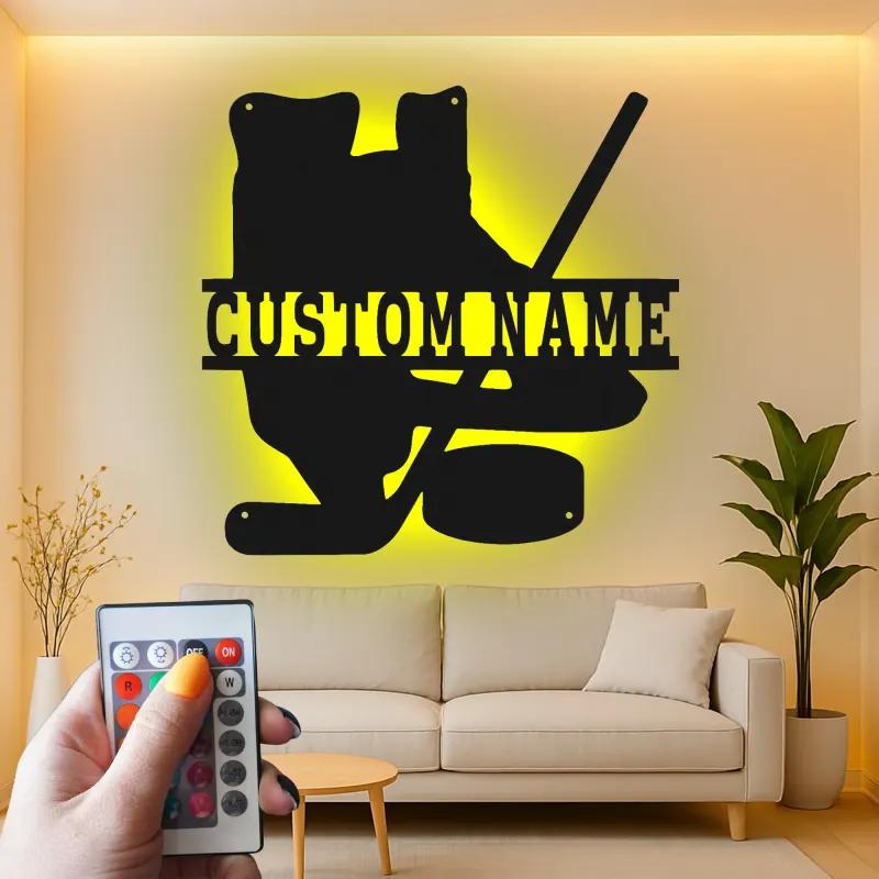 Cartel LED de hockey personalizado | Decoración mural de metal a medida para habitación de jugador | Regalo para aficionado al hockey sobre hielo | Decoración para cueva del hombre