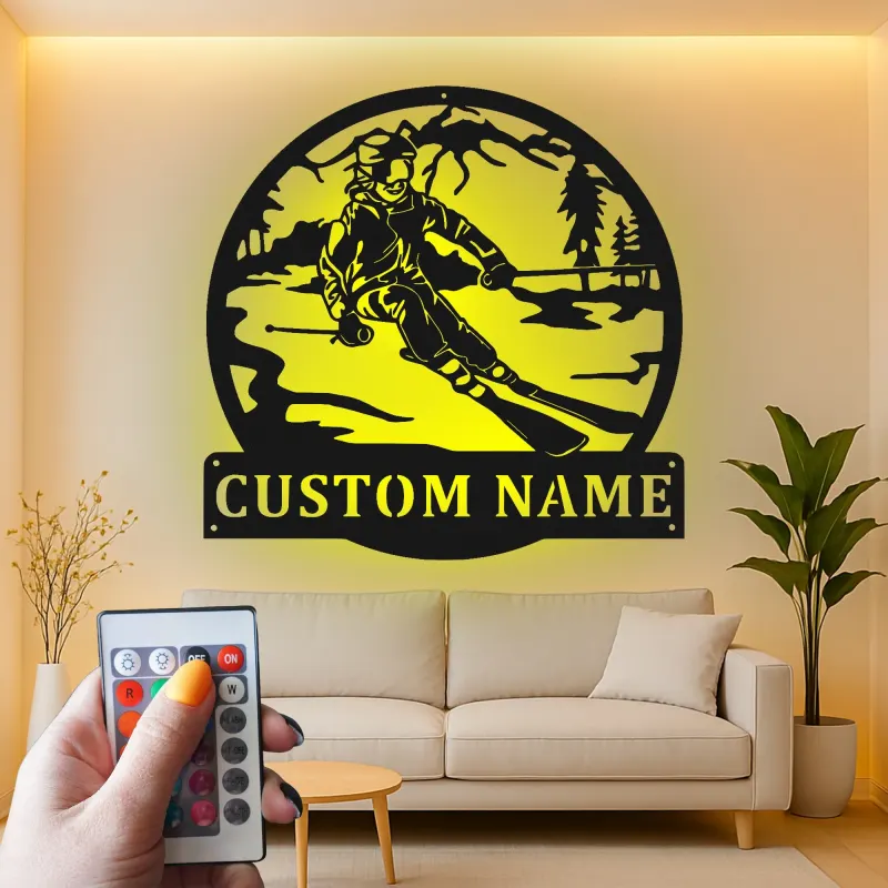Personalisierte LED Metall-Wandkunst mit Skifahrer | Individuelles Ski-Hütten-Schild | Geschenk für Wintersportler | Alpen-Cabin-Dekor